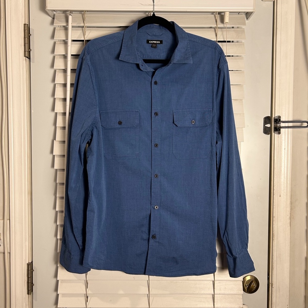 Express Men’s Large Casual Button-Down Shirt Blue Cotton Clean Look Handsome
